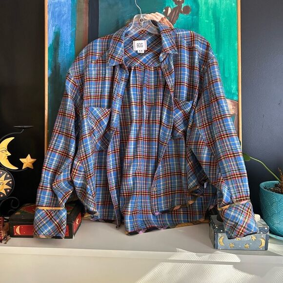 BDG Blue and Orange Boho Plaid Flannel Blouse M - Picture 1 of 15